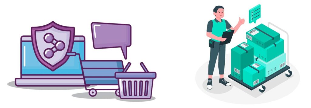 Left: A robust front-end commerce engine; Right: Easy inventory management